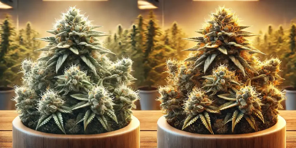 Underdeveloped cannabis buds with low trichome density and pale coloration under grow lights.