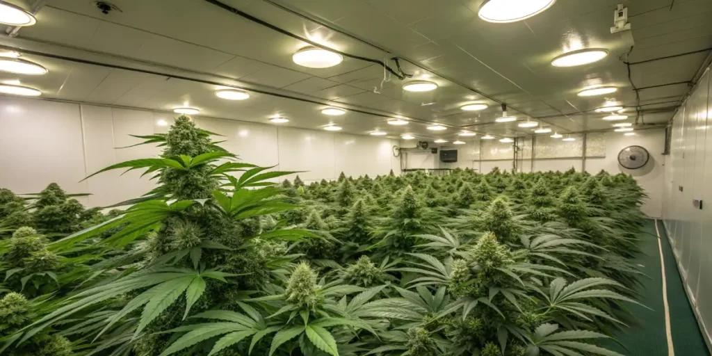 Large-scale cannabis grow operation in a white indoor facility with overhead lights