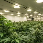 Large-scale cannabis grow operation in a white indoor facility with overhead lights