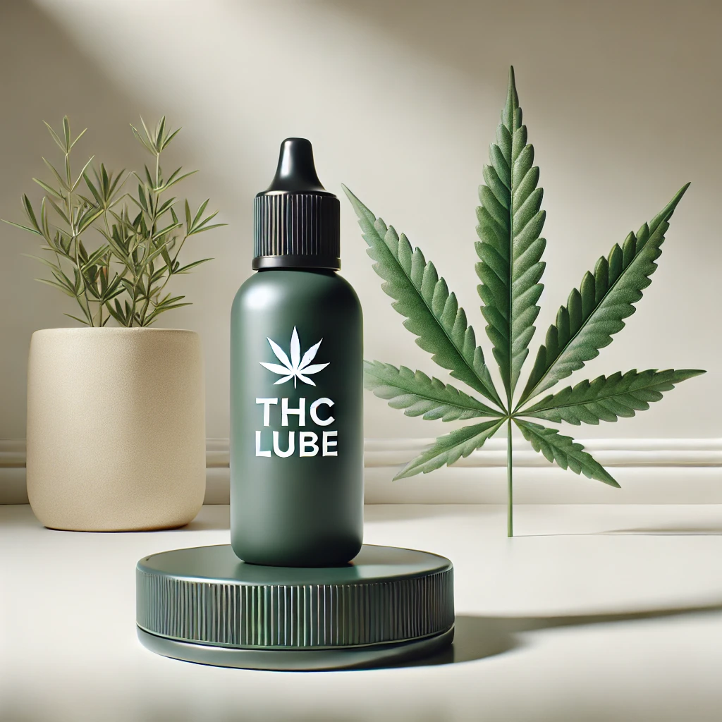 Bottle of THC lube with cannabis leaf design, elegantly displayed on a lid with soft lighting, highlighting its natural ingredients.