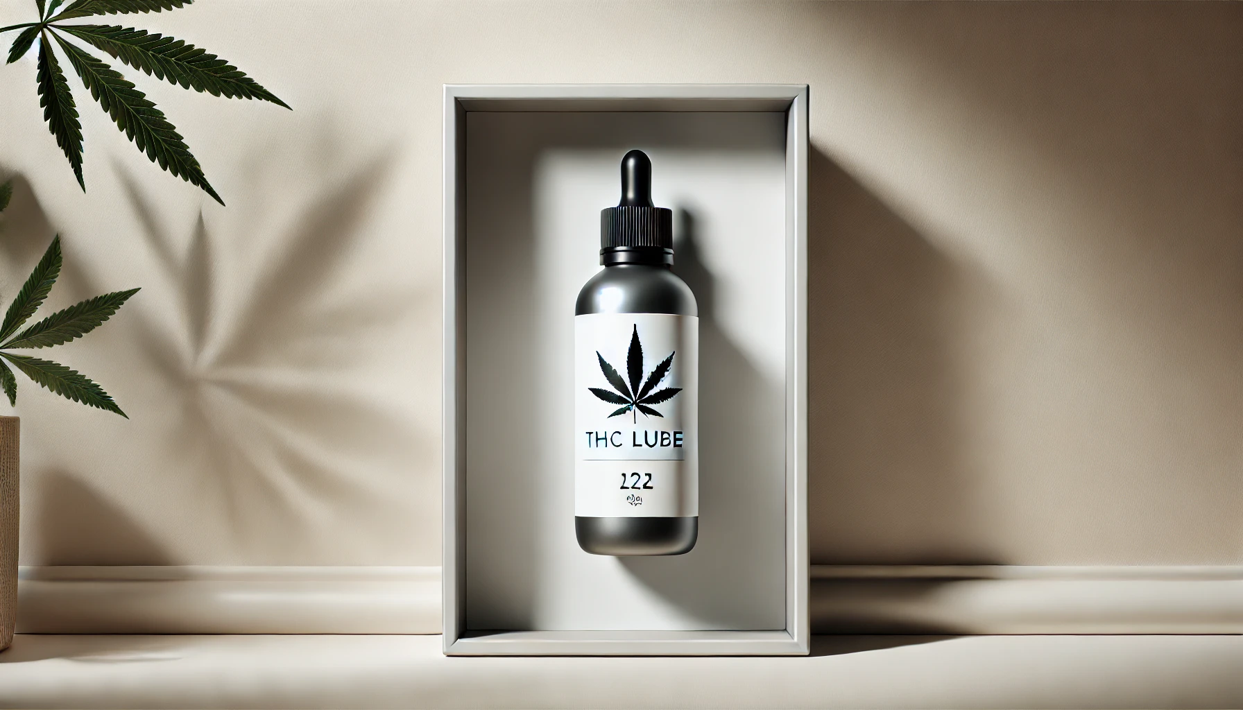 THC lube bottle in sleek packaging, featuring a cannabis leaf graphic, emphasizing its premium quality and discreet presentation.