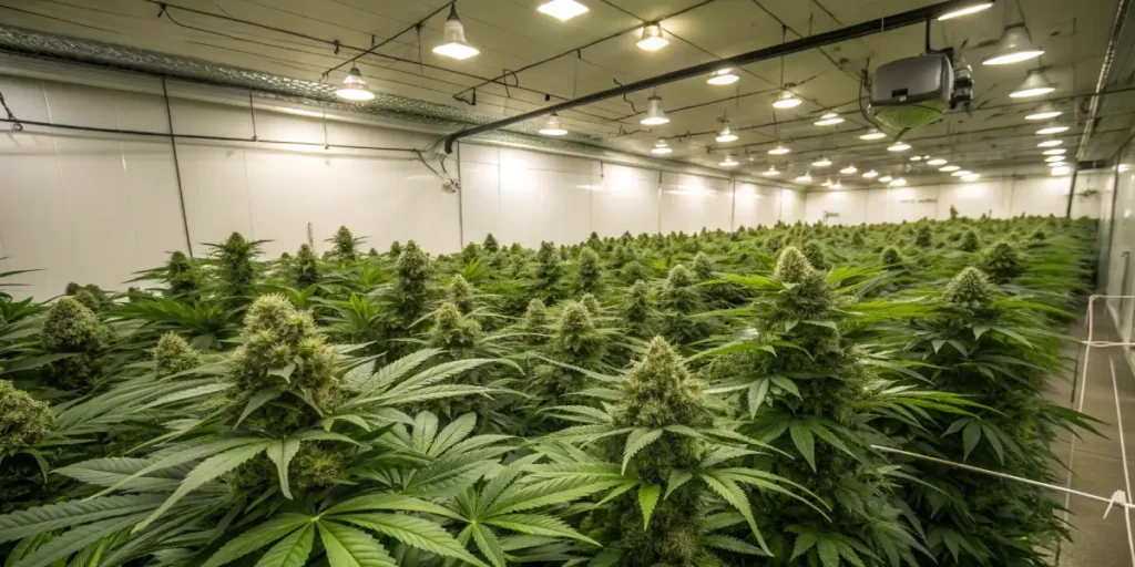 Hyper-realistic digital artwork of an advanced indoor cannabis grow room with vast rows of lush plants under numerous bright overhead lights.