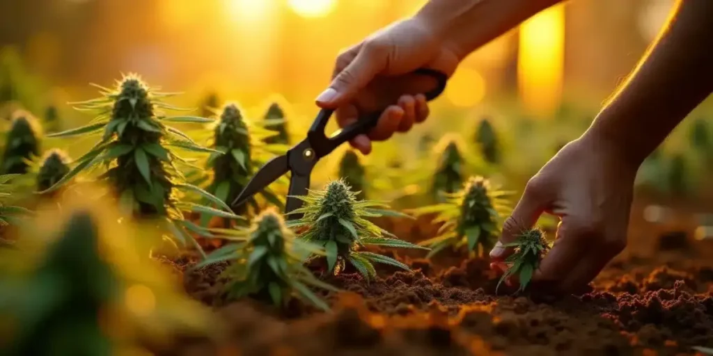 Hand harvesting a mature cannabis plant outdoors at sunset using garden shears.