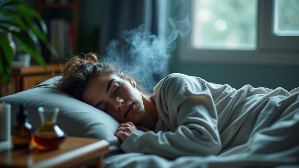 Woman resting in bed with visible smoke, illustrating the effects of smoking weed with the flu on respiratory symptoms.
