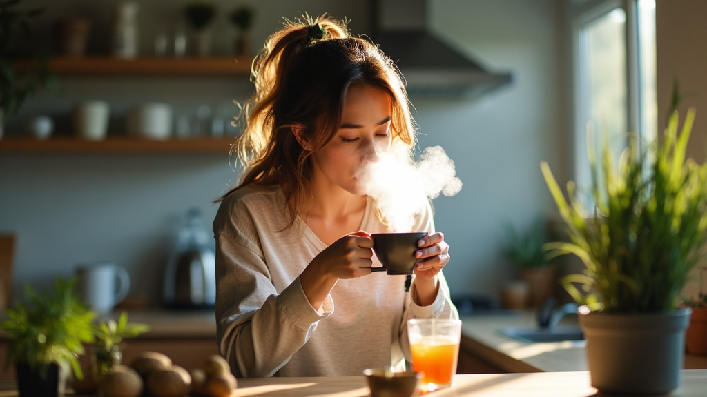 Woman sipping a warm beverage in a kitchen, representing an alternative method to smoking weed with the flu for relief.