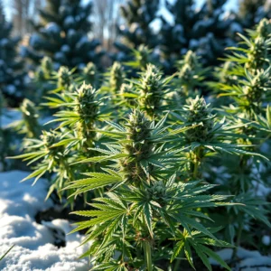Autoflower cannabis plants thriving in an outdoor winter environment, surrounded by snow-covered ground and evergreen trees