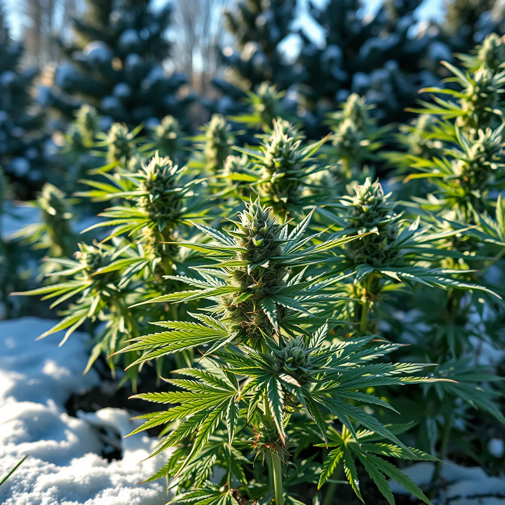 Autoflower cannabis plants thriving in an outdoor winter environment, surrounded by snow-covered ground and evergreen trees