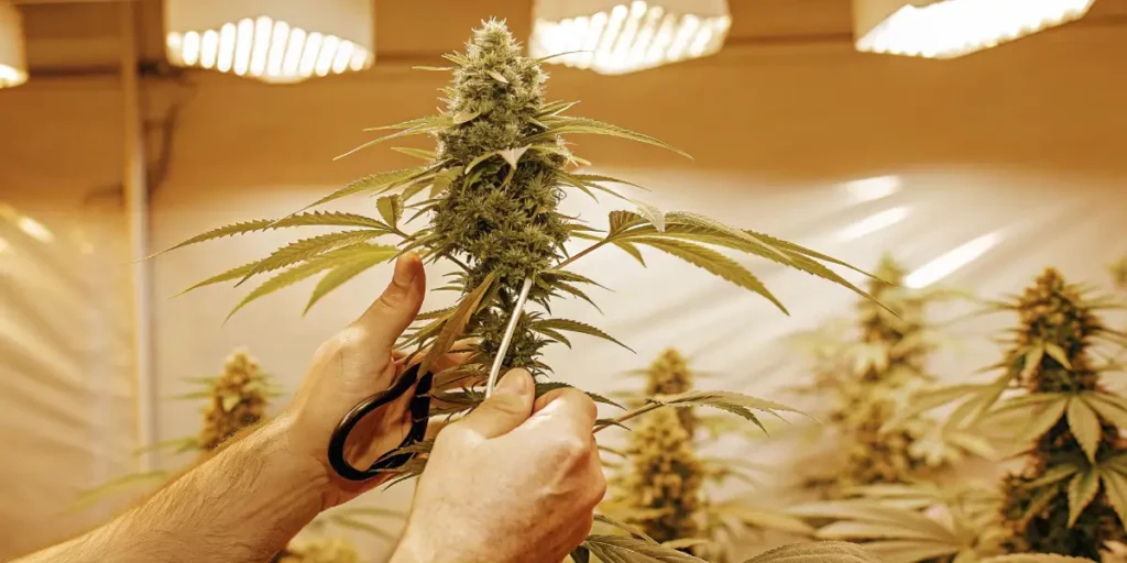 Hands using scissors to trim a large autoflower cannabis bud under warm indoor grow lights.