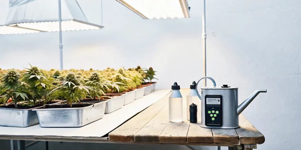 Automated watering system with a silver watering can and control panel next to rows of cannabis plants under bright lights.