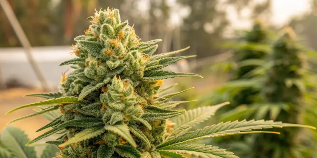 Close-up of Banana Sherbet cannabis buds with trichomes and orange pistils under natural sunlight in an outdoor setting.