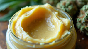 Batter THC: Close-up of a jar filled with creamy cannabis batter, showcasing its smooth texture and golden color, with cannabis buds in the background.