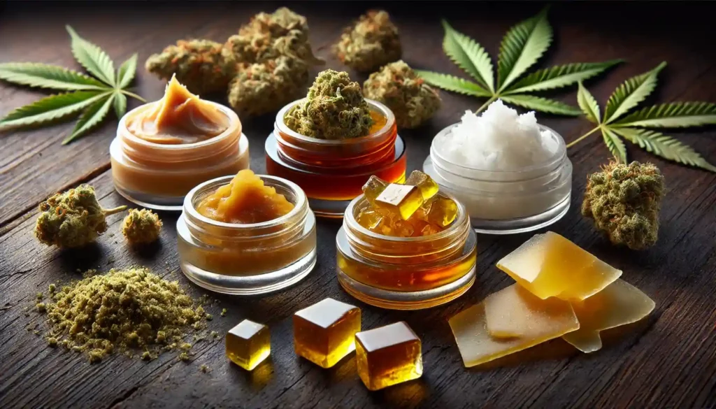 Batter THC: Assortment of cannabis extracts, including batter, wax, and shatter, displayed in jars alongside cannabis buds and leaves on a wooden surface.