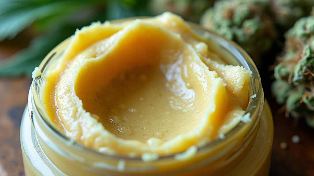 Batter THC: Close-up of a jar filled with creamy cannabis batter, showcasing its smooth texture and golden color, with cannabis buds in the background.