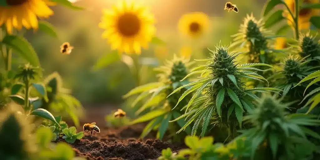 Cannabis plants thriving among companion plants and sunflowers with bees pollinating nearby.