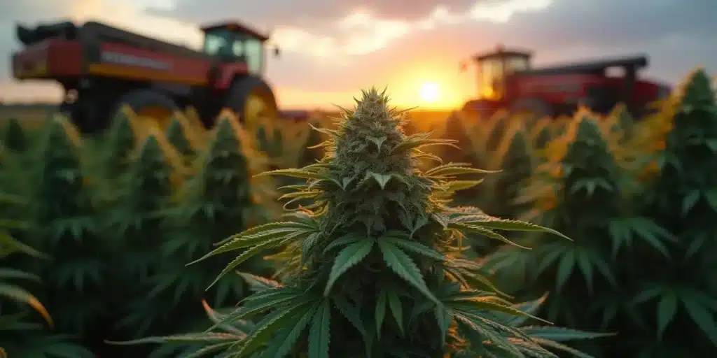 Mature cannabis plants growing in an outdoor field at sunset with farming equipment in the background.