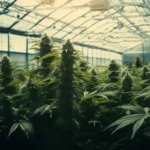 Greenhouse filled with tall THCA flower plants under natural light, showcasing dense buds and lush foliage.