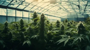Greenhouse filled with tall THCA flower plants under natural light, showcasing dense buds and lush foliage.