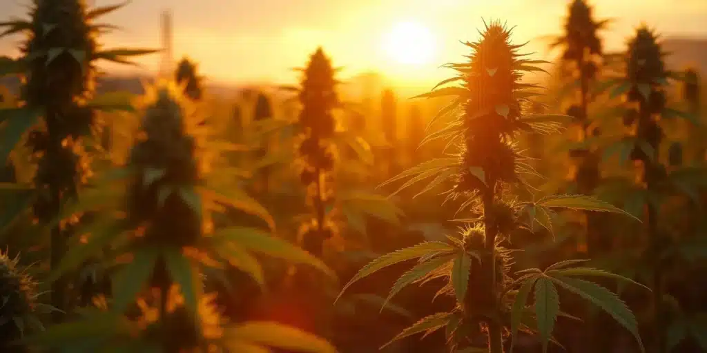 Cannabis plants growing outdoors at sunset, illustrating the optimal planting season.