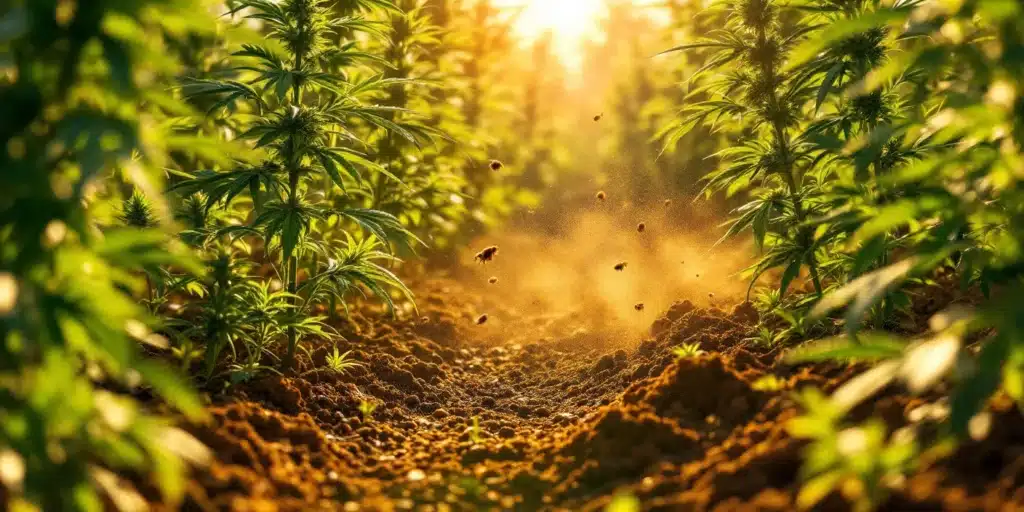 Close-up of cannabis field at sunset, highlighting the plants known for high bisabolol content