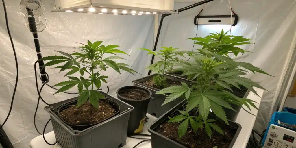 Black Widow Weed Strain in vegetative stage under LED grow lights inside an indoor grow tent with multiple potted plants