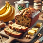 Canna banana bread: Freshly baked cannabis-infused banana bread with walnuts, displayed with ingredients like bananas, butter, and cannabis on a wooden board.