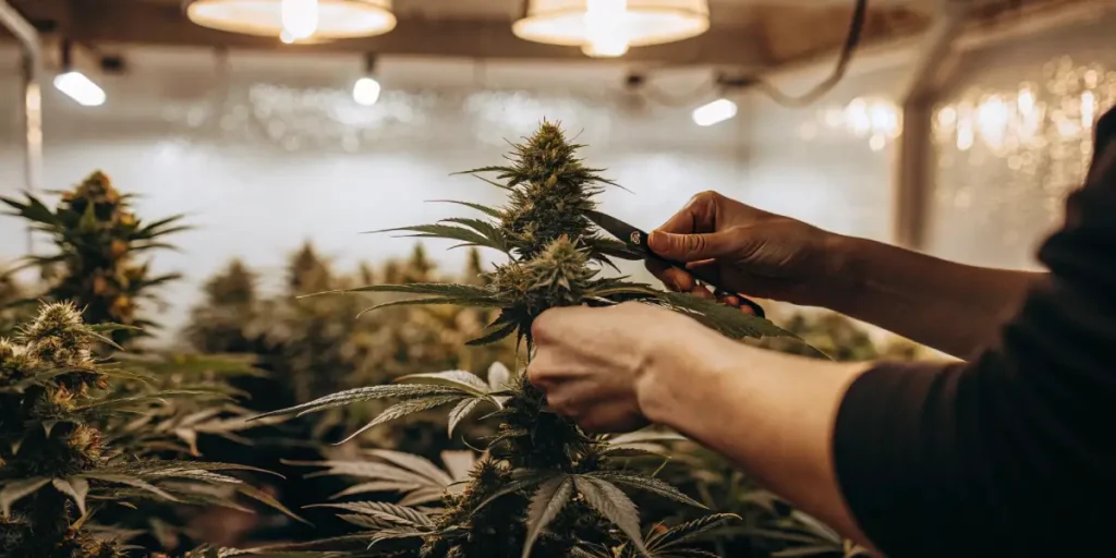 Hands using scissors to meticulously trim a cannabis bud in a well-lit indoor grow room.