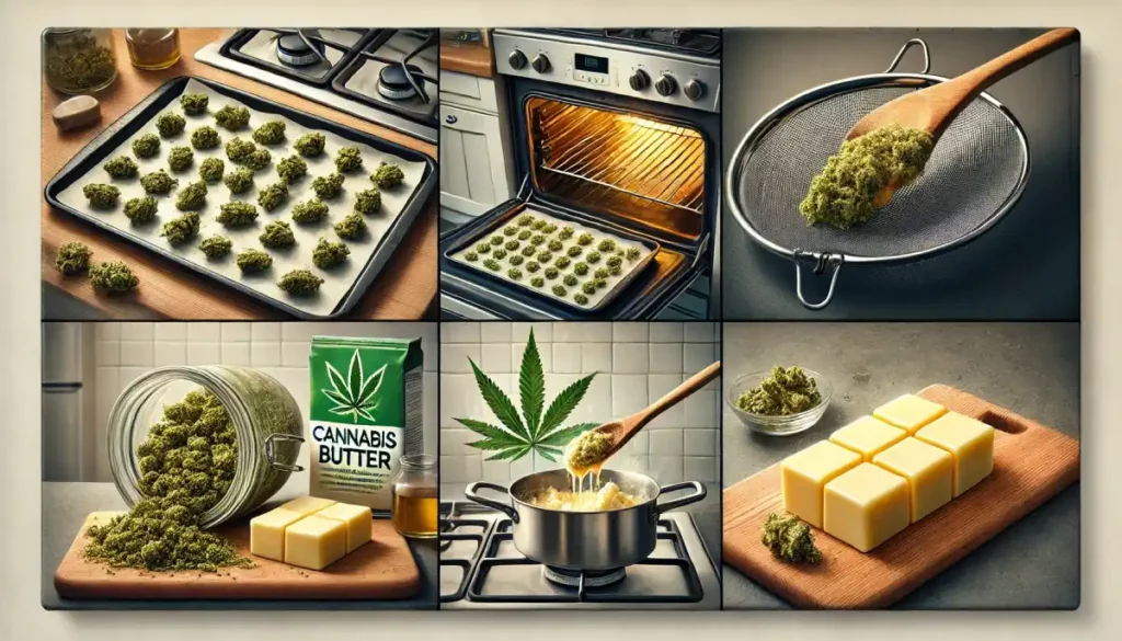 Canna banana bread: Step-by-step collage showing the process of making cannabis butter, from baking the cannabis to mixing it with butter for infusion.