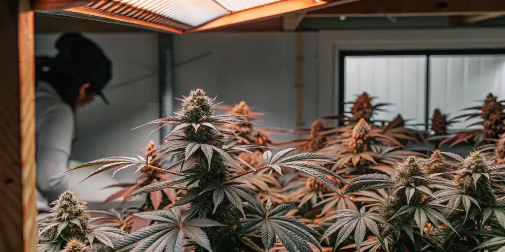 Hyper-realistic cannabis cultivation scene: person inspecting lush plants with dense, reddish-tinged buds under warm grow lights, in a greenhouse with windows.