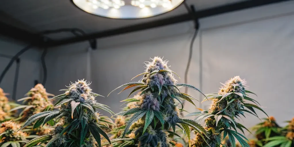 Close-up of cannabis plants with visible buds under bright grow lights in an indoor cultivation room.
