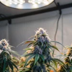 Close-up of cannabis plants with visible buds under bright grow lights in an indoor cultivation room.