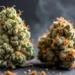 Close-up view of a cannabis bud with visible mold and degradation signs