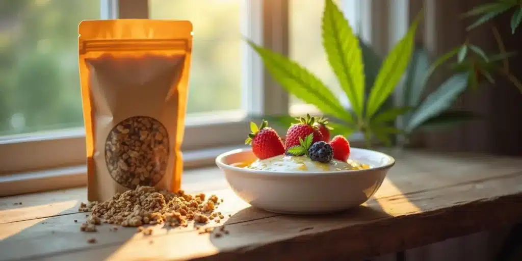 Bowl of yogurt topped with cannabis granola, strawberries, blueberries, and honey next to a granola package and cannabis leaves