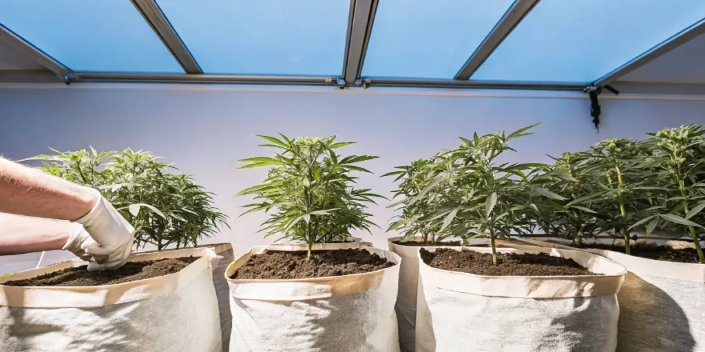 Hyper-realistic scene: gloved hand tending to cannabis plants in white fabric grow bags under a greenhouse roof.