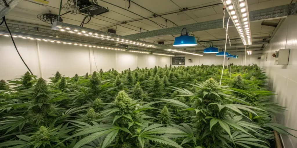 Hyper-realistic extensive view of a large indoor cannabis grow room with rows of mature plants under LED and blue lights.