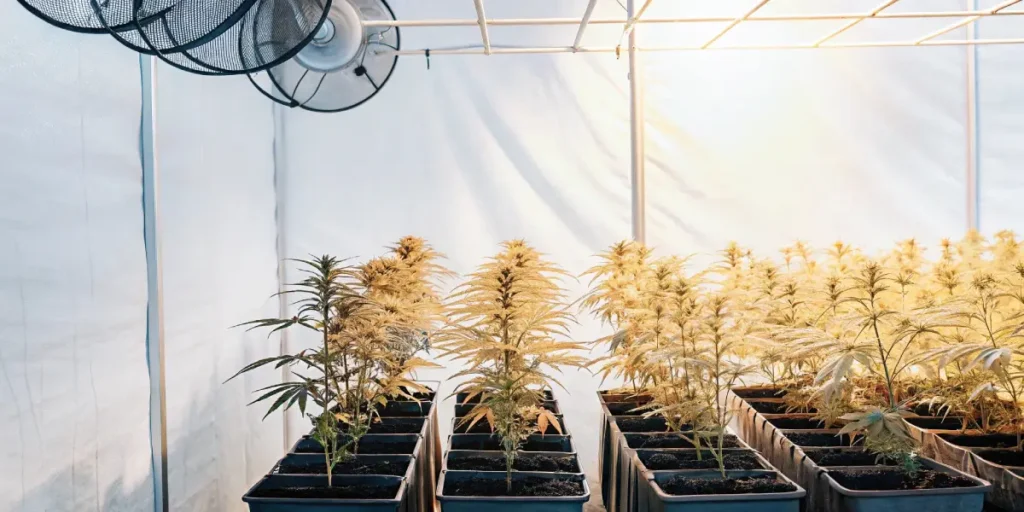 Hyper-realistic indoor cannabis grow room with mature plants in pots, illuminated by a warm-toned overhead grow light.