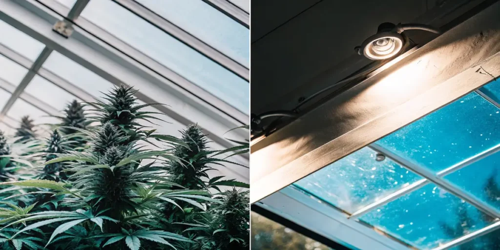 Split illustration: cannabis plants with dense buds under greenhouse roof, and a close-up of a light fixture illuminating a greenhouse panel.