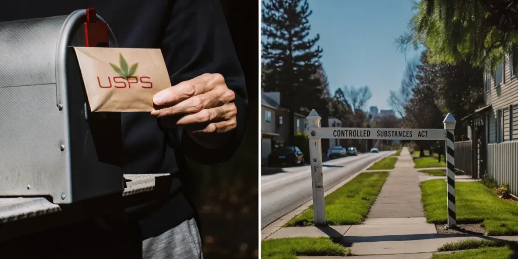Hyper-realistic digital illustration: a hand inserting a cannabis-labeled package into a mailbox (left), and a street sign reading "CONTROLLED SUBSTANCES ACT" (right), on a suburban street.