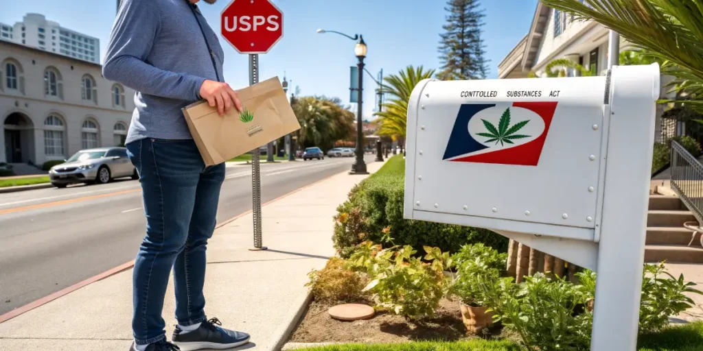 Hyper-realistic digital illustration: a person mailing a cannabis-labeled package, next to a "USPS" stop sign and a mailbox with a cannabis leaf on an American flag design, labeled "CONTROLLED SUBSTANCES ACT," on a city street.