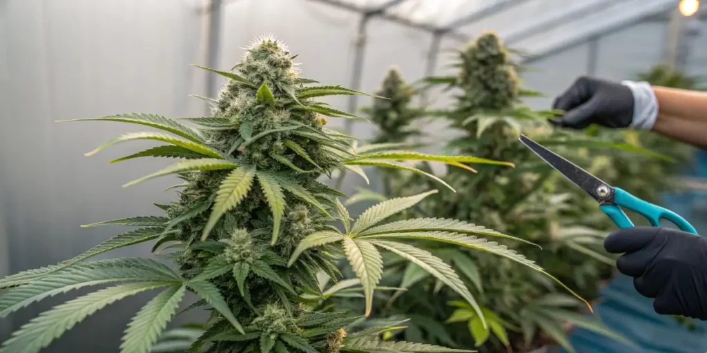 Cannabis pruning process with gloved hands trimming a mature plant in a greenhouse environment.