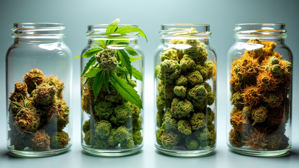 Four jars filled with mids-quality cannabis buds, varying in color and density, representing different grades of mids cannabis.