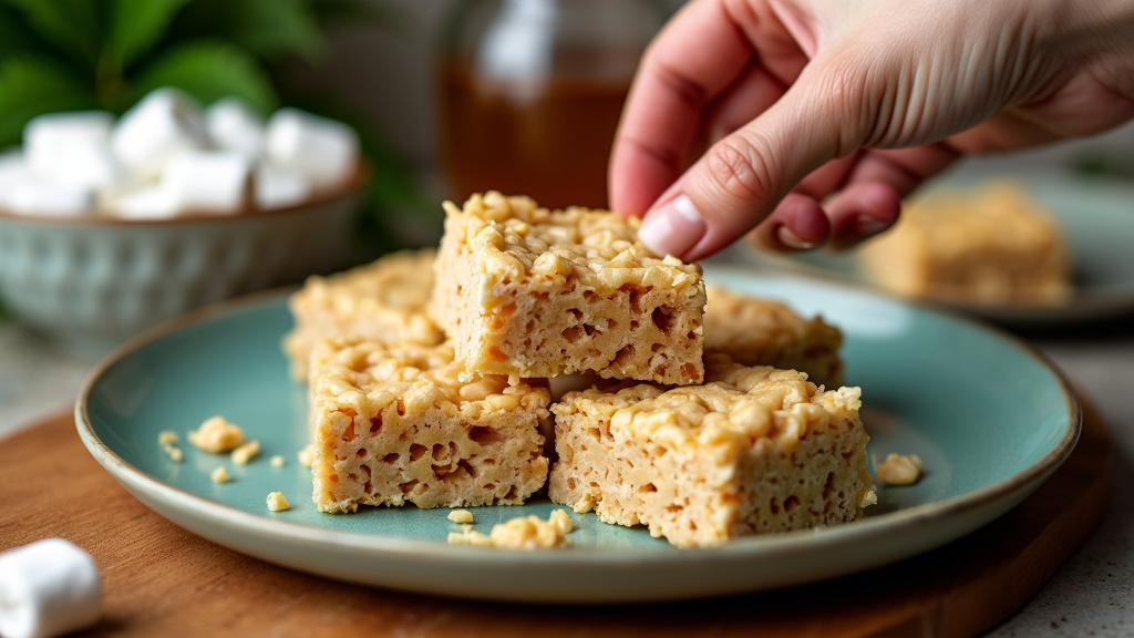 A hand picking up a piece of Cannabis Rice Krispie Treat from a plate, highlighting the discreet and tasty nature of these edibles.