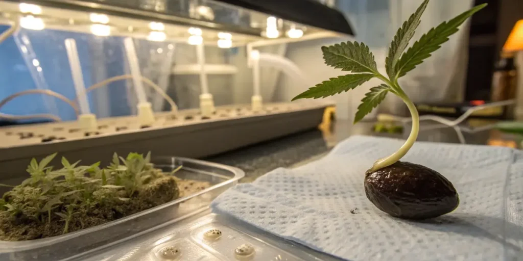 Hyper-realistic close-up of a sprouted cannabis seed with small leaves, on a paper towel, with other seedlings and grow lights in background.