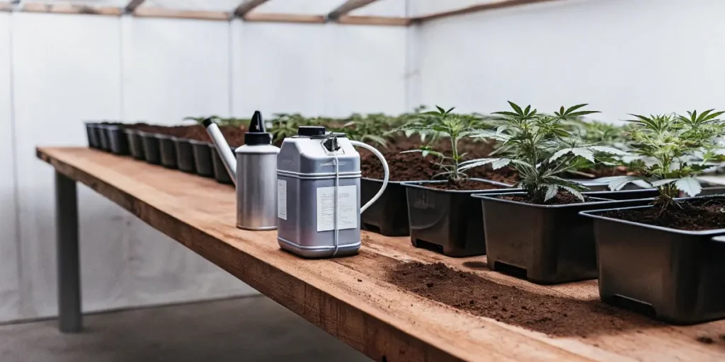 Indoor cannabis cultivation: small cannabis seedlings in black pots on a wooden table with watering tools, in a brightly lit room.