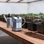 Indoor cannabis cultivation: small cannabis seedlings in black pots on a wooden table with watering tools, in a brightly lit room.