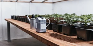 Indoor cannabis cultivation: small cannabis seedlings in black pots on a wooden table with watering tools, in a brightly lit room.
