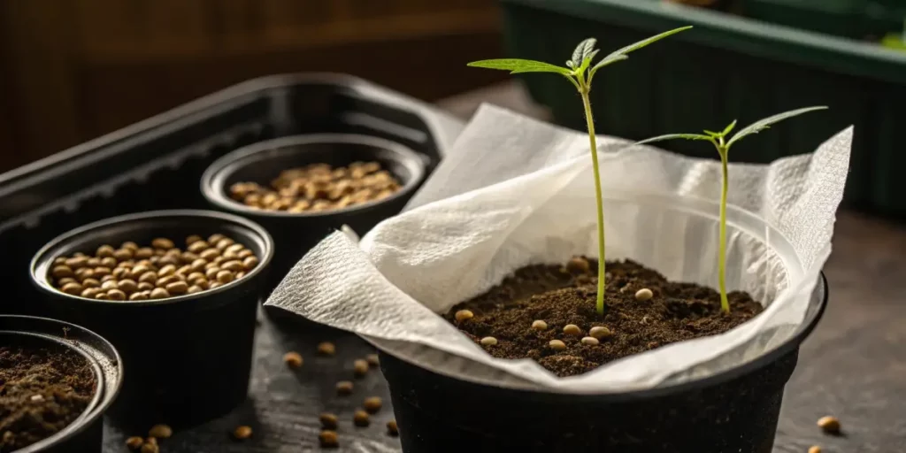 Two young cannabis seedlings growing in a small pot with soil and scattered seeds.