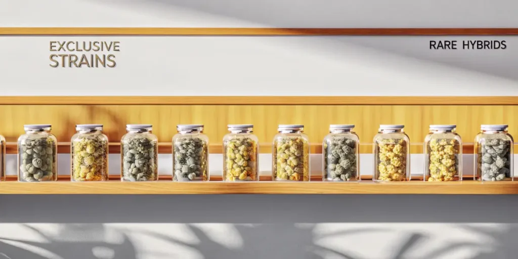Hyper-realistic scene of a modern cannabis dispensary shelf filled with clear glass jars of various cannabis products (buds, edibles) in different colors, labeled "EXCLUSIVE STRAINS" and "RARE HYBRIDS."