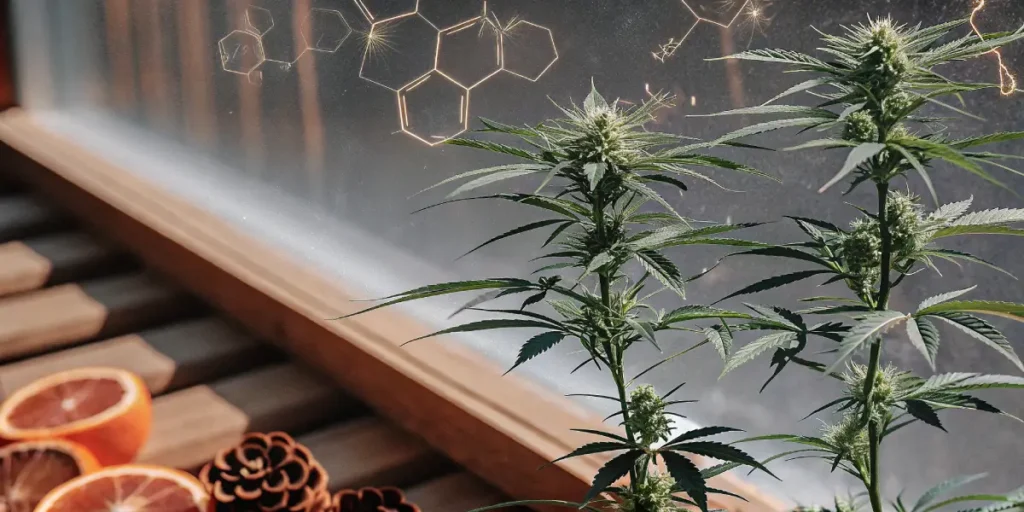 Hyper-realistic illustration of cannabis plants with orange slices, pinecones, and glowing chemical structures (terpenes) near a window.