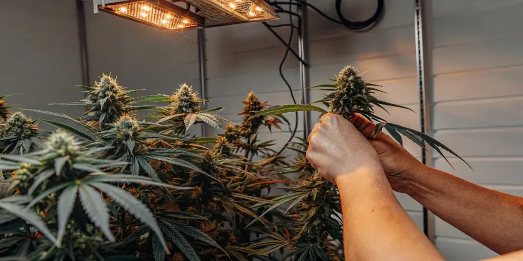 Hyper-realistic scene: hands pruning cannabis plants with dense buds under warm indoor grow lights.