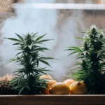 Hyper-realistic illustration of two cannabis plants with pinecones and lemons in a wooden planter, with steam rising in the background near a window.